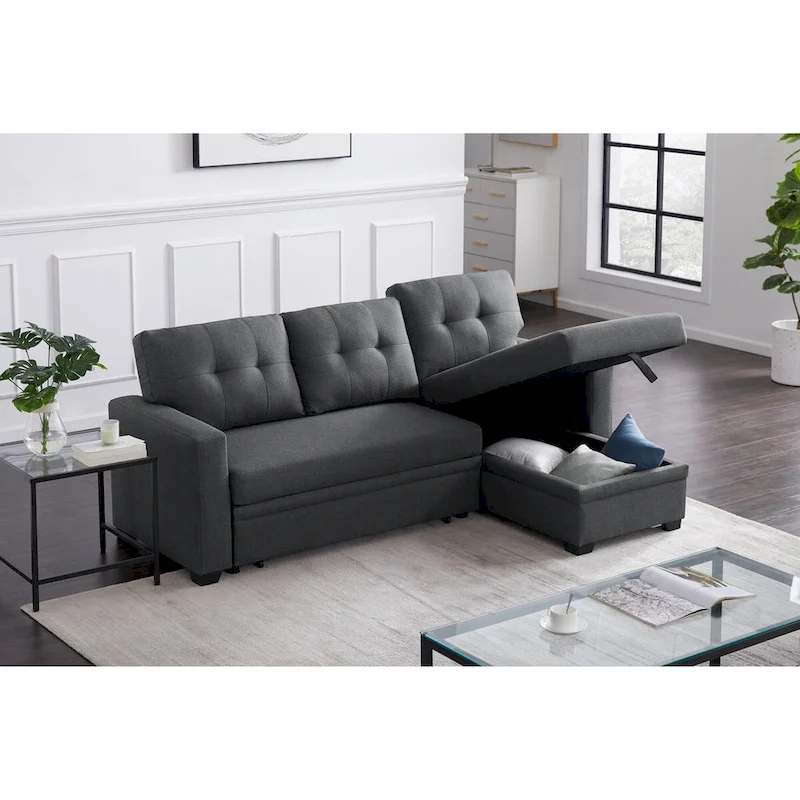 Upholstered Pull Out Sectional Sofa with Chaise - 82W x 53D x 34.5H