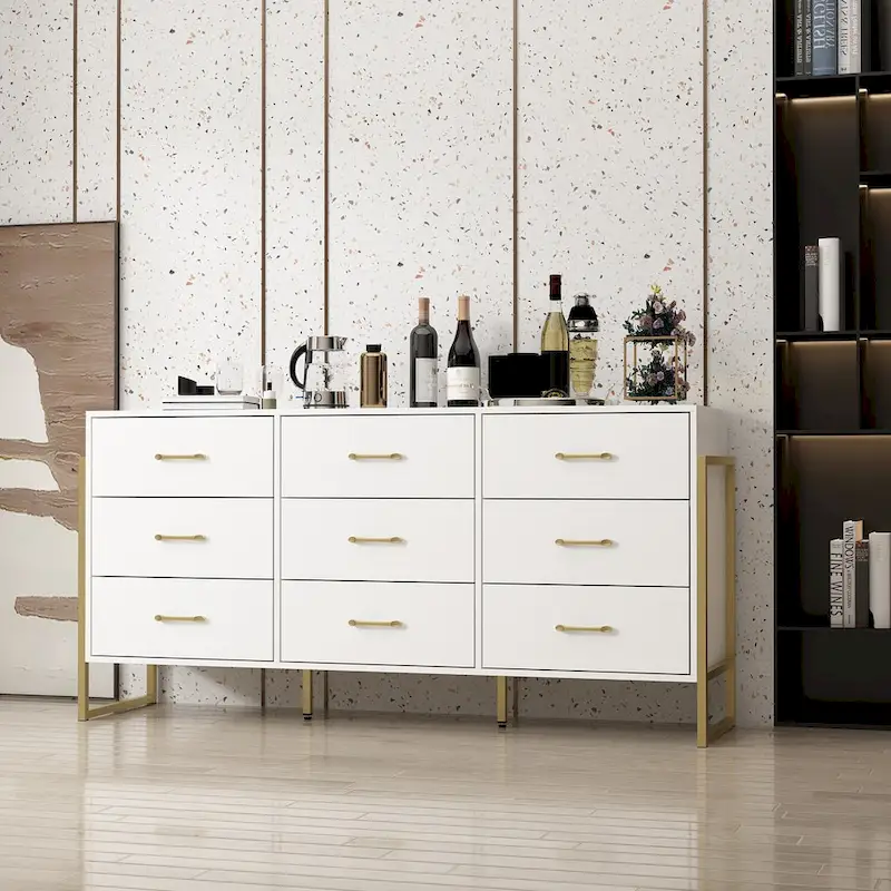 Versatile 9-Drawer Dresser - Sleek Black & Gold, Premium Quality Chest