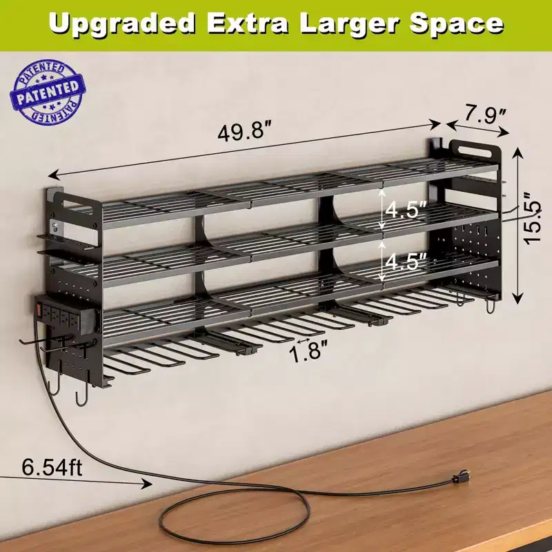 Hausource 4-Tier Power Tool Organizer with Pegboard, 12-Slot Drill Rack & Power Strip,Black