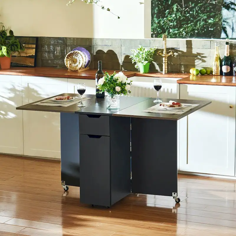 Brown Drop Leaf Extendable Dining Table with Storage Drawer, Cabinet & Caster Wheels – Seats 2–4 People