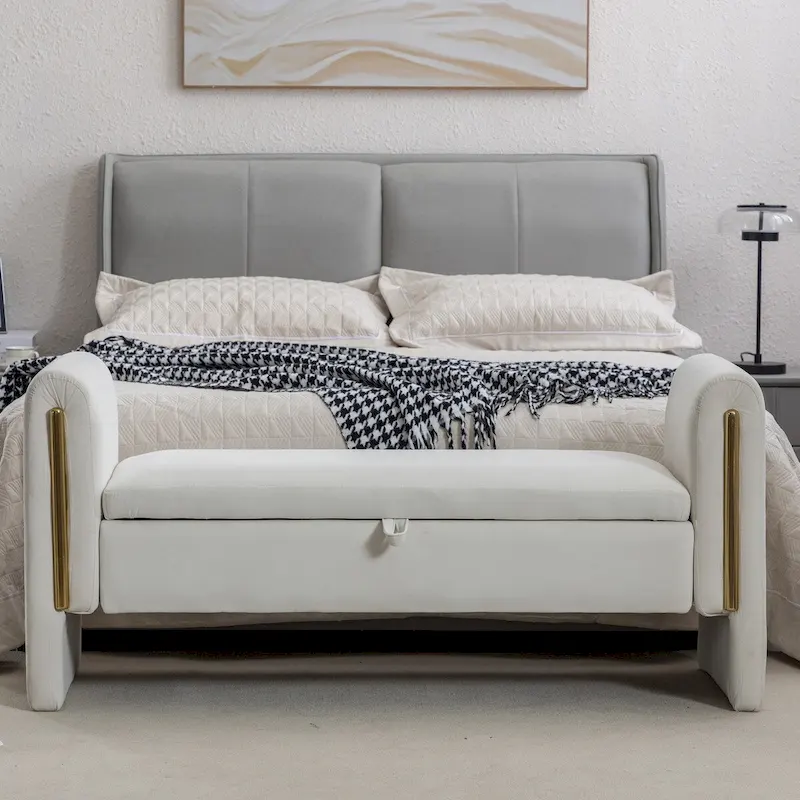 Velvet Fabric Storage Bench Bedroom Bench With Gold Metal Trim Strip For Living Room Bedroom Indoor,Ivory