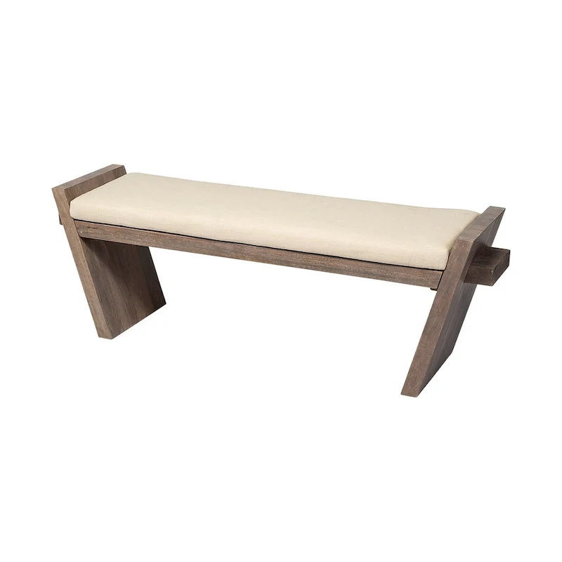 Cream Fabric Upholstered Entryway Bench Brown Wood Frame 58x15x20