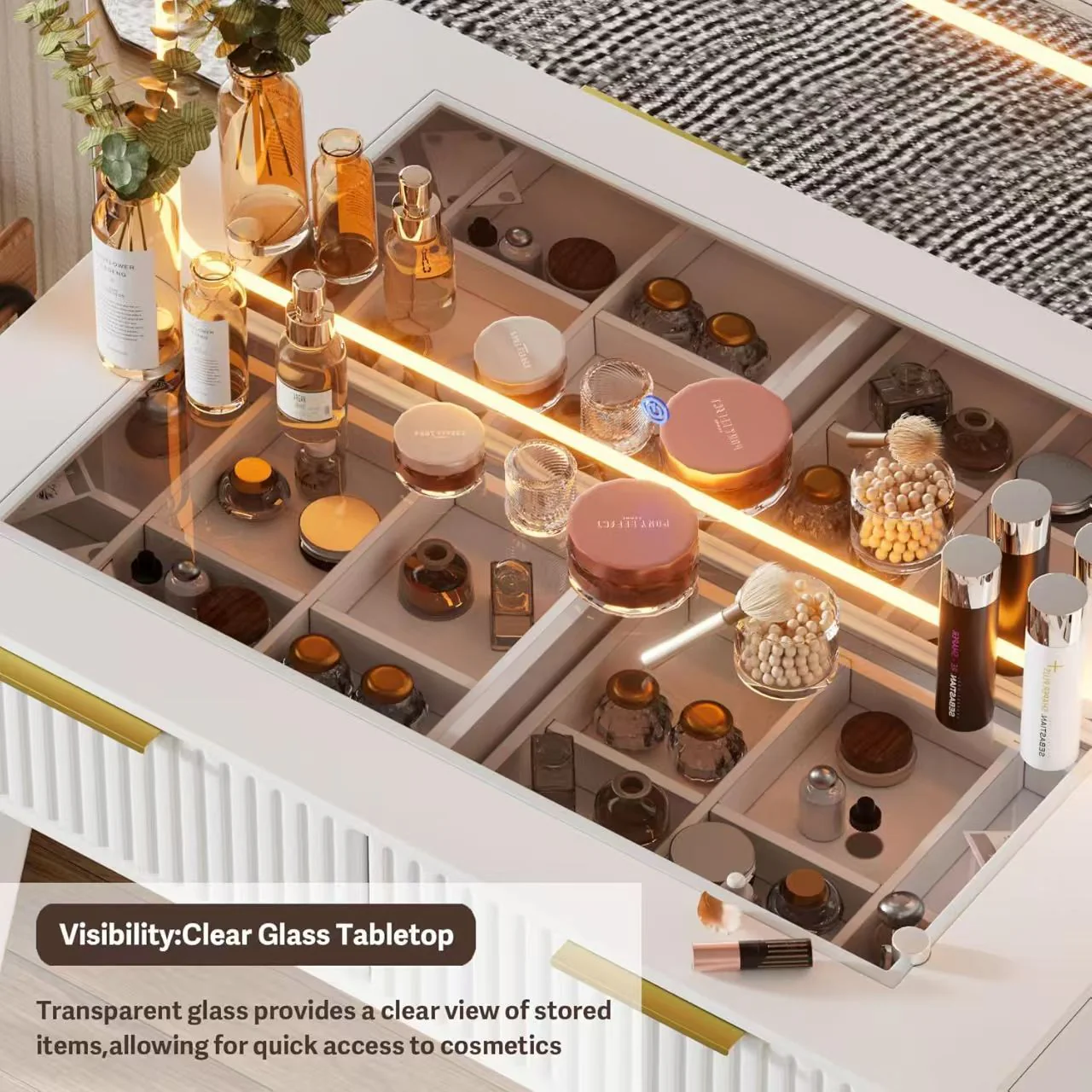 Walker Edison | White Reeded Vanity Desk with with Mirror and Lights with Glass Top