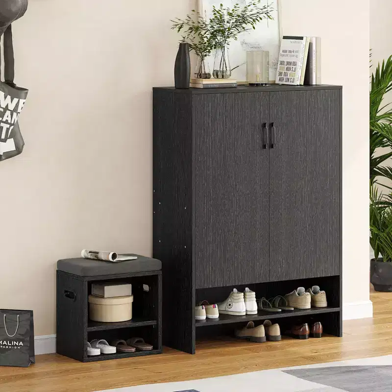Okak Mid-Century Narrow Wooden Shoe Cabinet Side Board with Doors,7 Tier Freestanding Shoe Rack for Corridors, Entrances