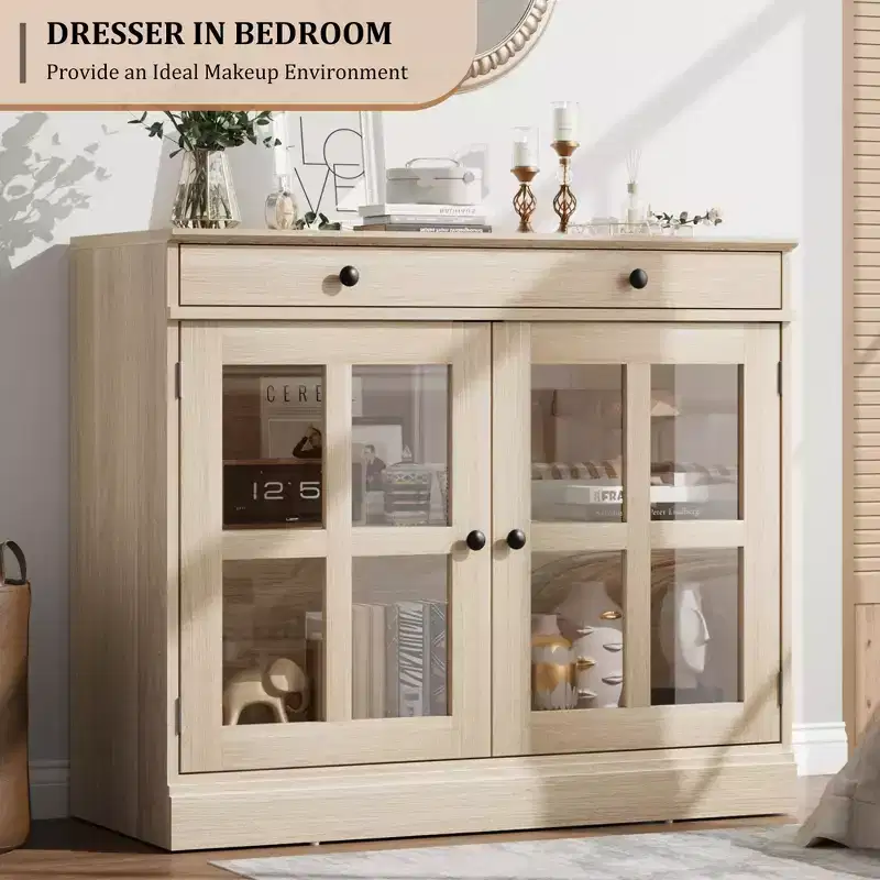 Sideboard Buffet Cabinet, Kitchen Storage Cabinet with 2 Glass Doors, Adjustable Shelf, Modern Coffee Bar for Kitchen Dining Room Bathroom Entryway
