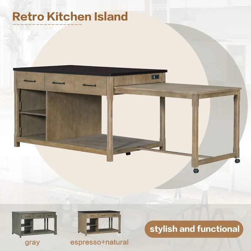 Retro Wooden Extendable Kitchen Island with Built-in Power Outlets and Drawers