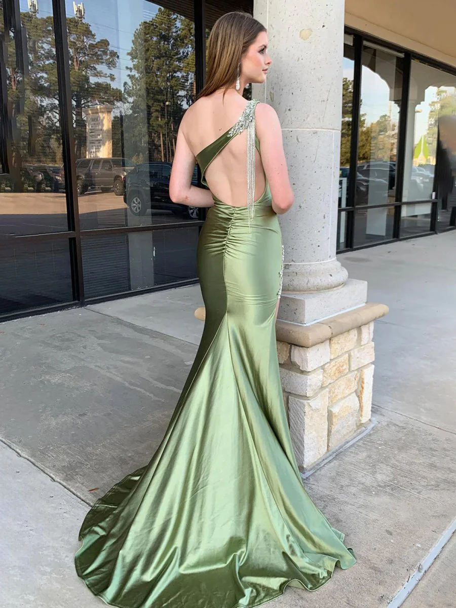 Sage Beaded Mermaid One Shoulder Satin Prom Dress with Slit
