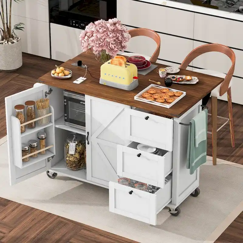 Black / White Farmhouse Rolling Kitchen Island with Drop Leaf, 3 Drawers, Barn Doors & Power Outlet – 1-Piece