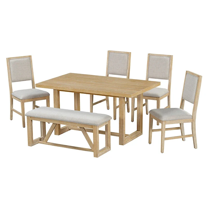 6 Piece Dining Table Chair Set, Wooden Kitchen Furniture Set with Acacia Wood Rectangular Table, 4 Chairs and 1 Bench