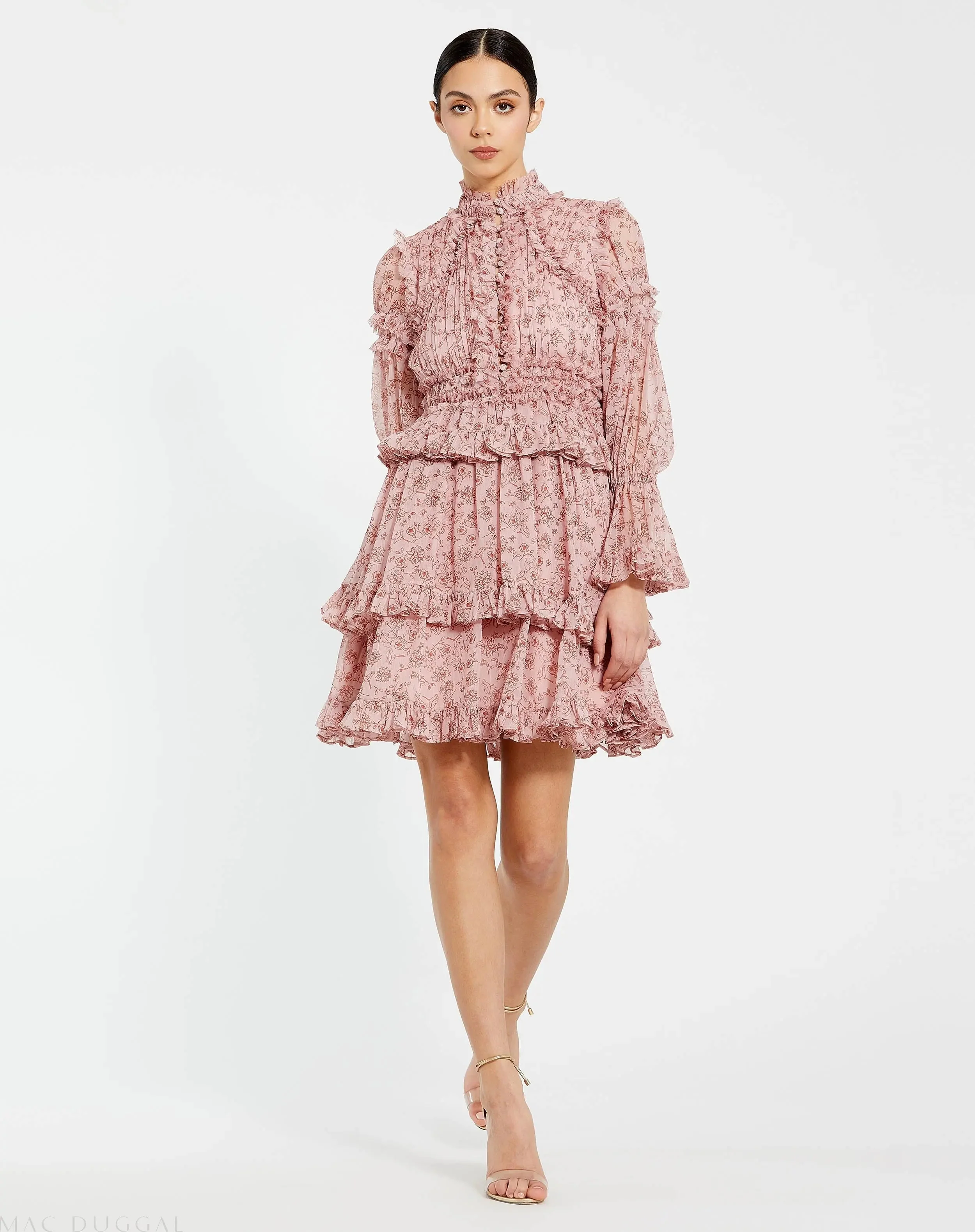 Pink Long Sleeve Mock Neck Ruffle Mini Dress
