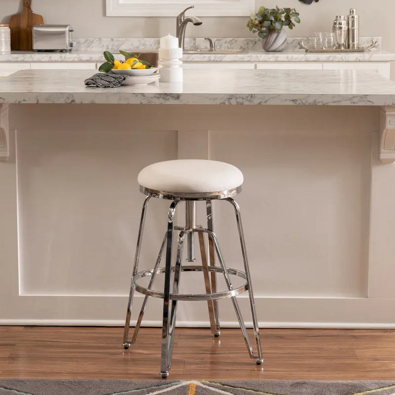 White Faux Leather Adjustable Backless Bar Stool, Chrome/Gold Finish, 1-Person