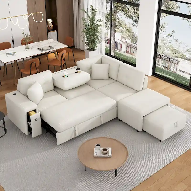 86.6 L-Shaped 4 Seater Sectional Sofa with Pull-Out Bed, Movable Ottoman, USB Ports, and Cup Holder Drop-Down Table