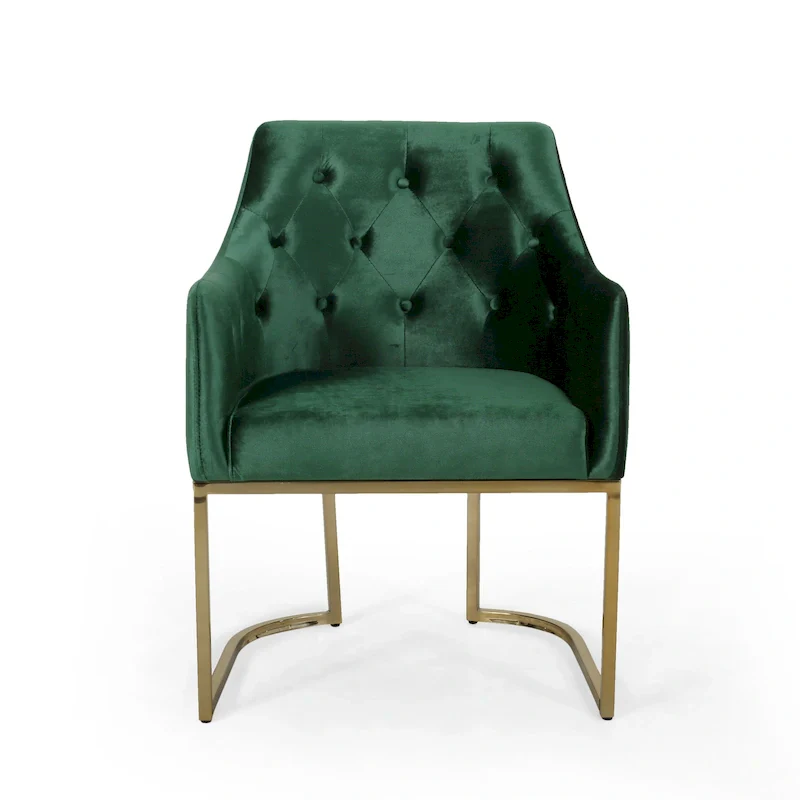 Velvet Tufted Accent Chair, Gold Iron Legs, Single Seat