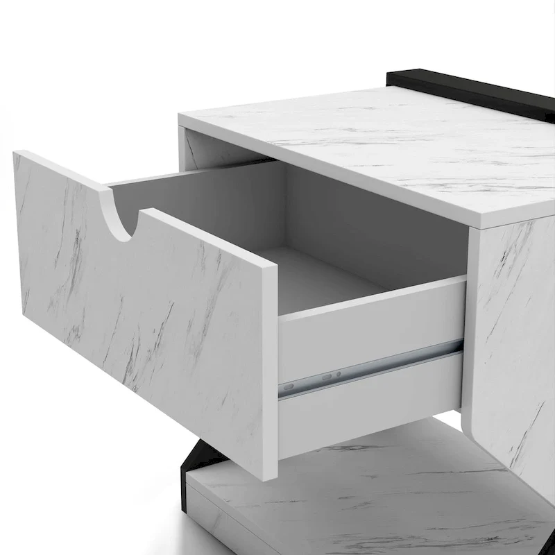 DH BASIC Modern White Faux Marble 1-Drawer Nightstand Side Table by Denhour