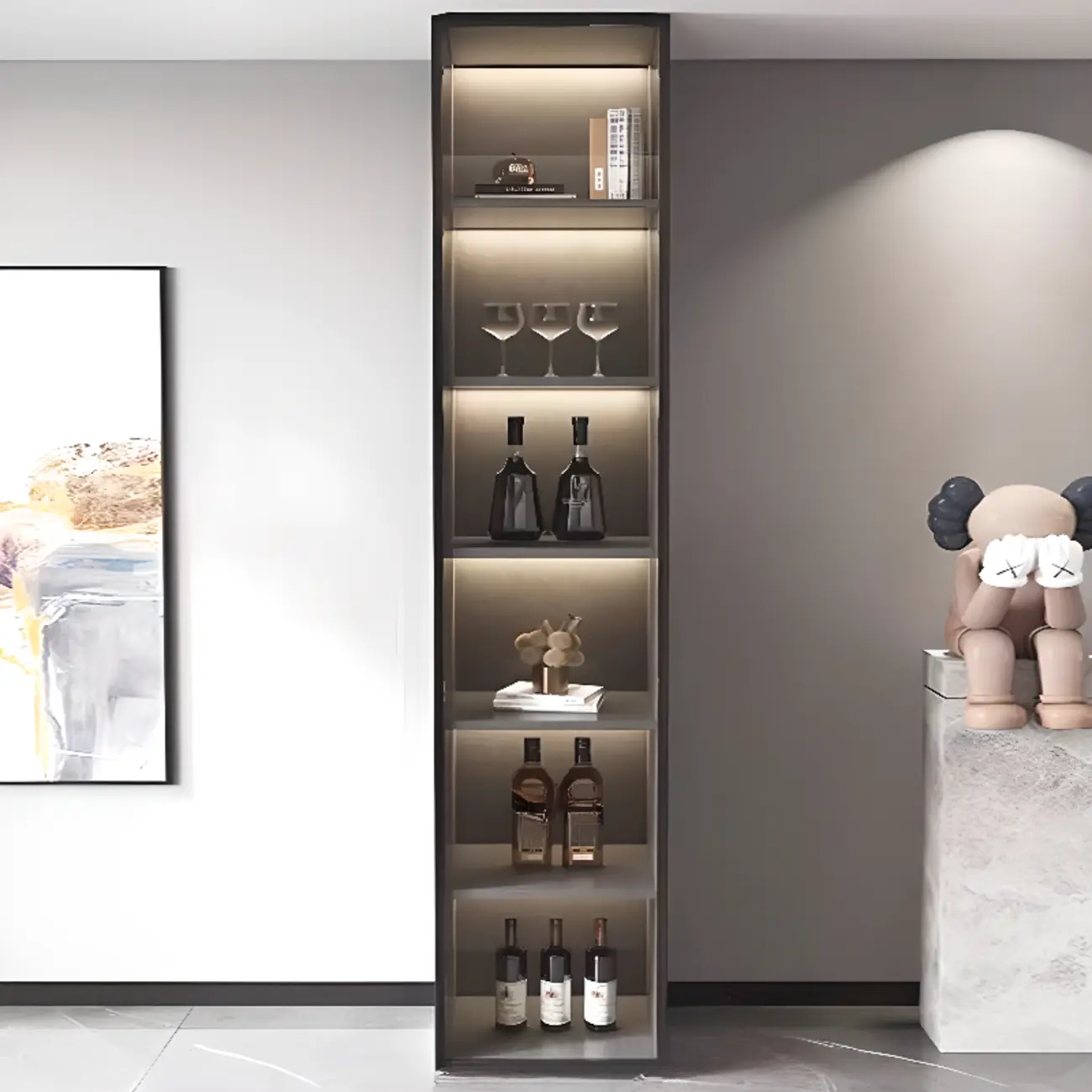 White Rectangular Multi-Shelves Glass Wood Wine Cabinet