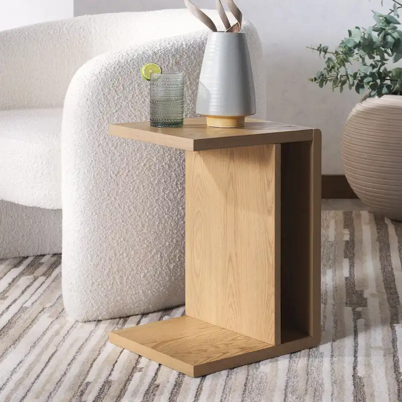 Wood C-Shaped Accent Side Table – Oak Veneer, Minimalist Design