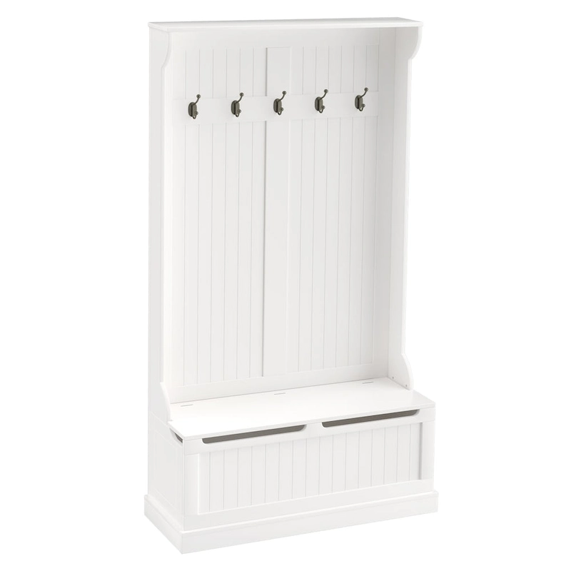 38 3-In-1 Entryway Hall Tree with Storage Bench, Coat Rack with Four Hooks and Shoe Storage, White