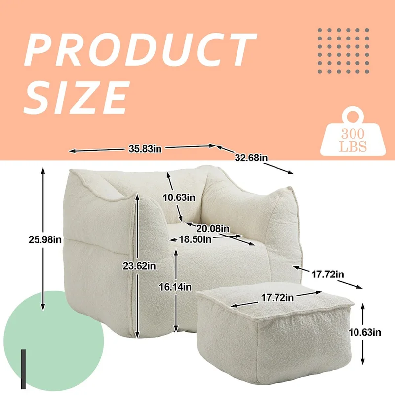 Boucle Upholstered Deep Seat Armless Square Bean Bag Chair with Ottoman