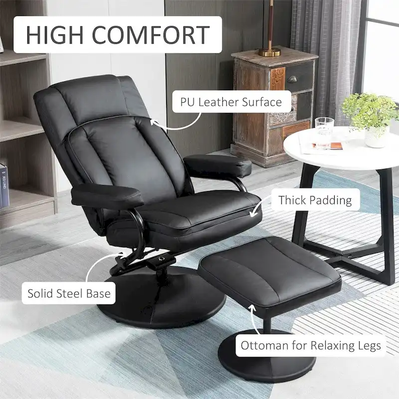 Leather Swivel Recliner with Ottoman Footrest and Armrests