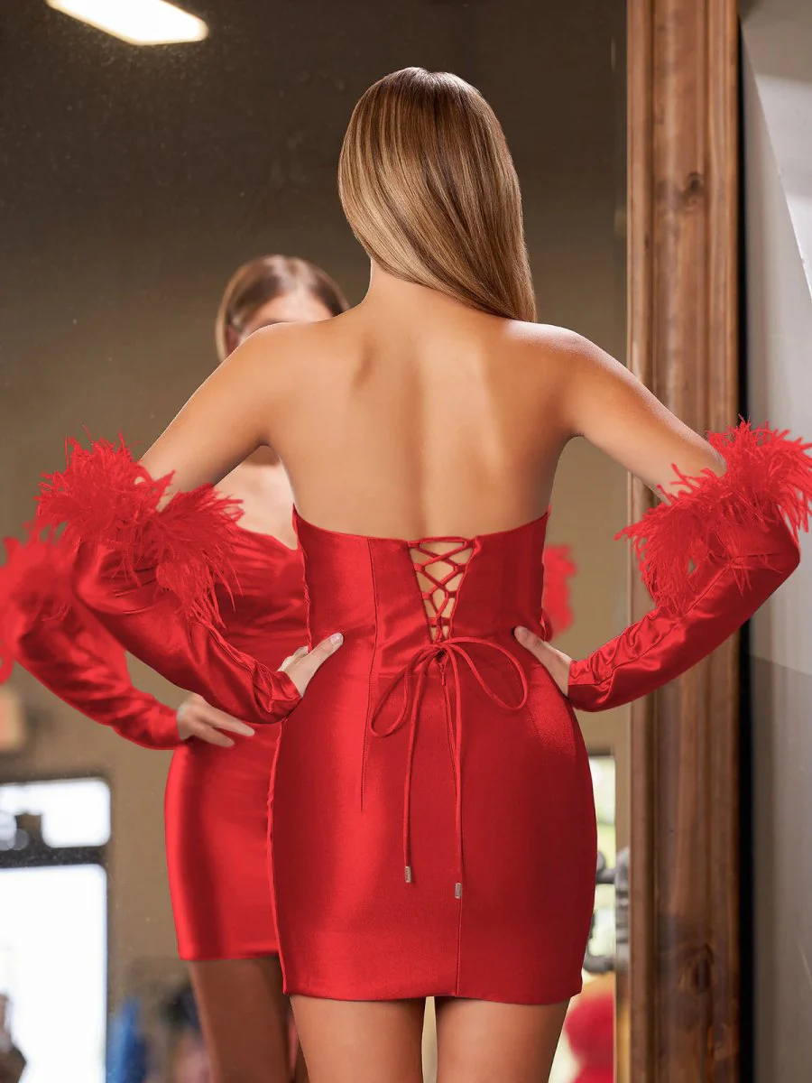 Sheath Satin Strapless Fitted Homecoming Dress with Long Sleeves