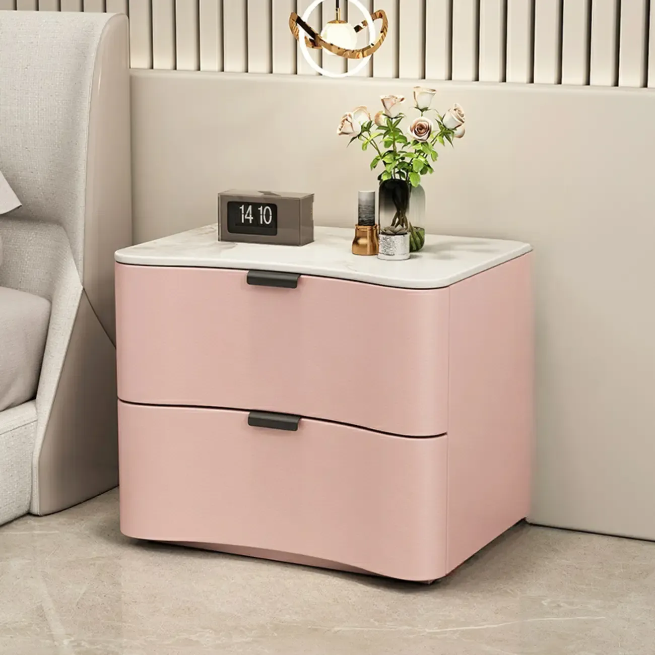 Modern Waved Stone Top Leather 2-Drawer Nightstand