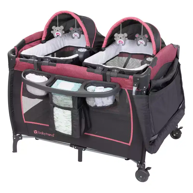 Baby Trend Lil Snooze Deluxe III Nursery Center Playard For Twins - Cozy Berry: Foam Mattress, Metal Frame, 30 lbs Capacity