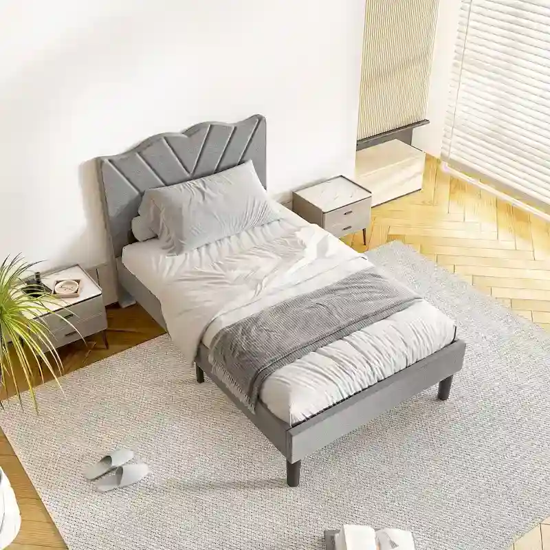 Modern Platform Bed Frame with Upholstered Headboard