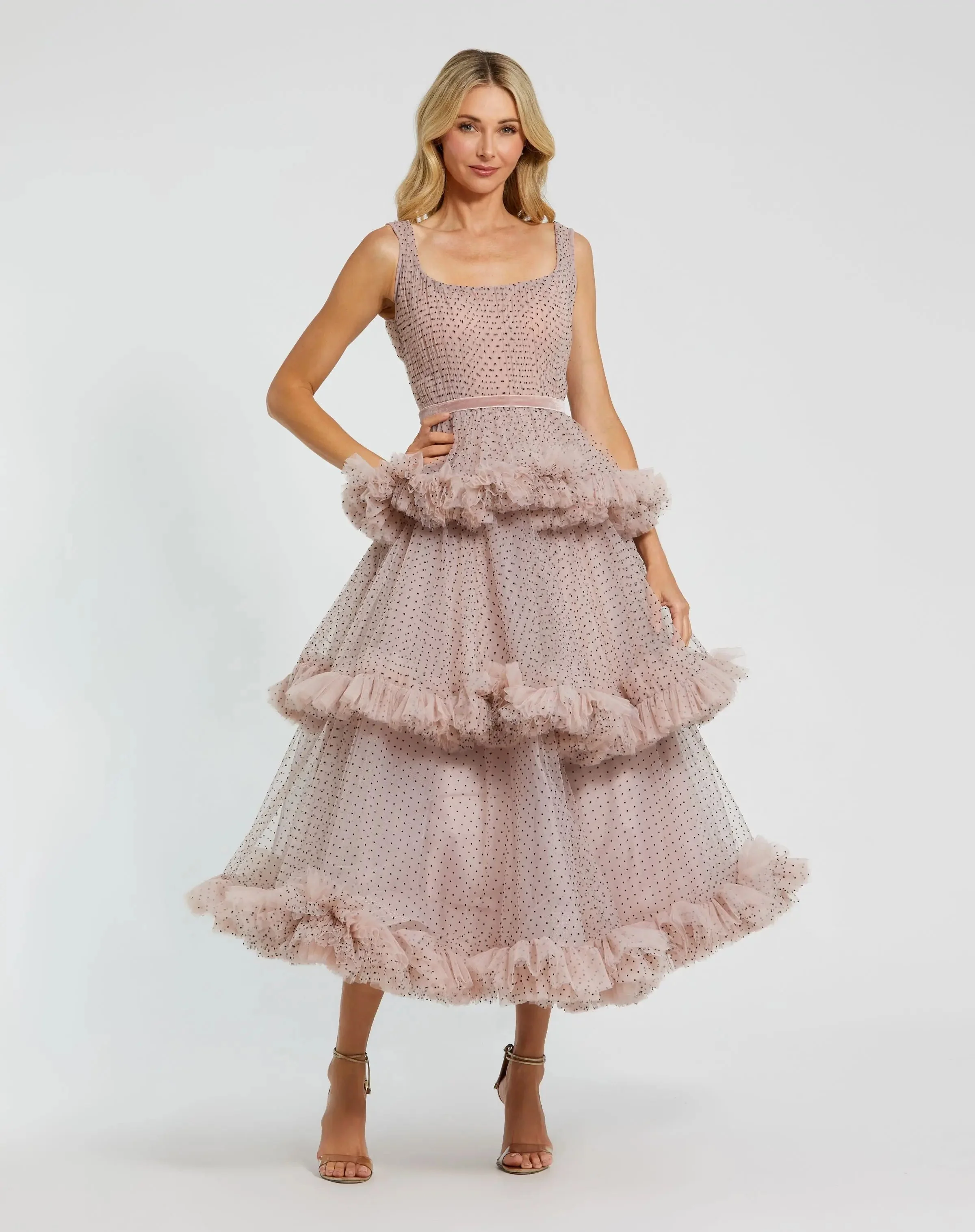Pink Sleeveless Dot Net Ruffle Dress