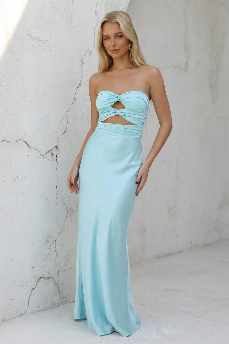 Strapless Aqua Blue Sheath Long Prom Dresses