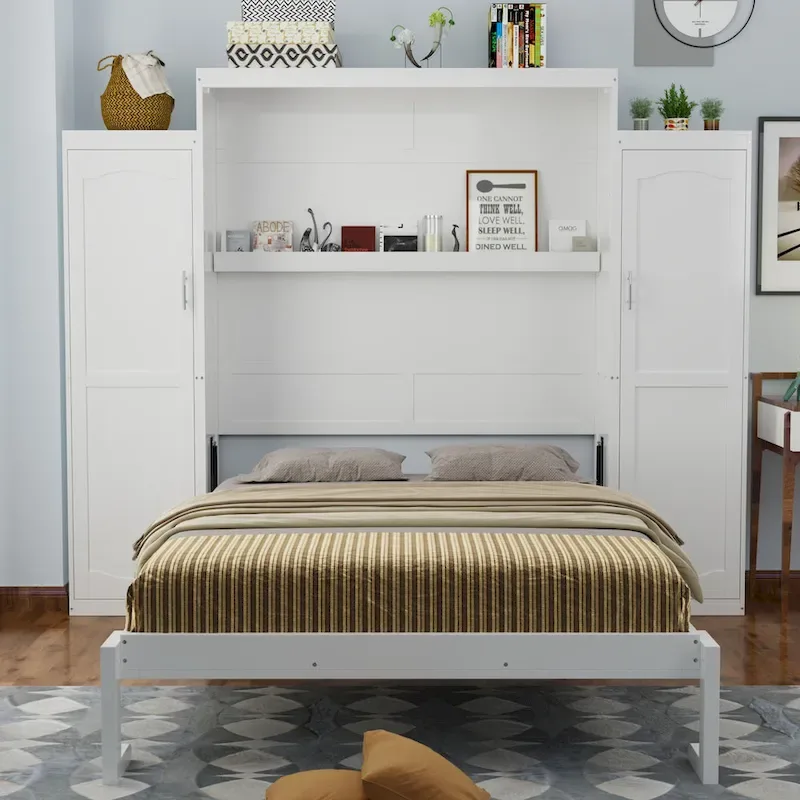 Wooden Foldable Murphy Bed Frame with 2 Wardrobe, Storage Shelf on Headboard, Pine Wood Platform Bedframe