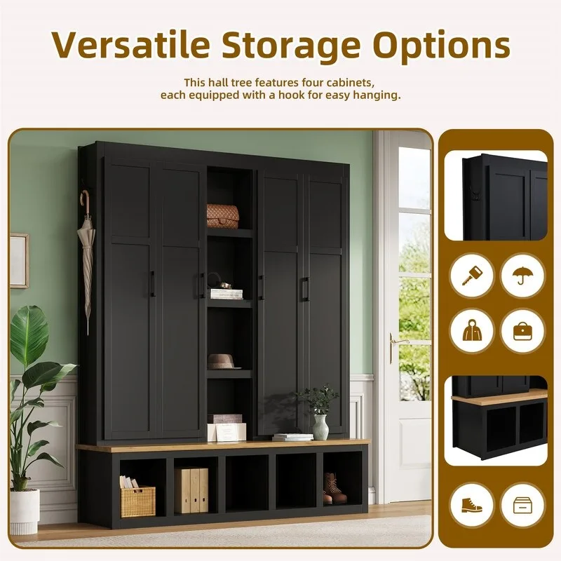 Farmhouse 4-in-1 Hall Tree with Open Display Shelves, Mudroom Shoe Bench with Open Compartments, Entryway Coat Rack with 6 Hooks