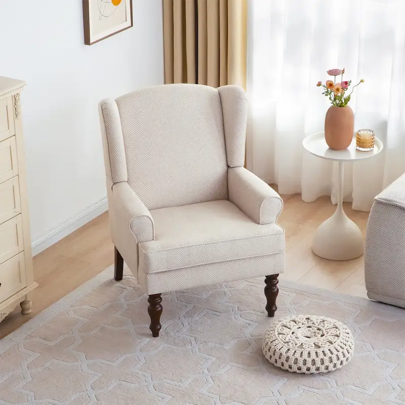 Upholstered Polyester Accent Armchair with Spiral Wood Legs and High-Resilient Cushion