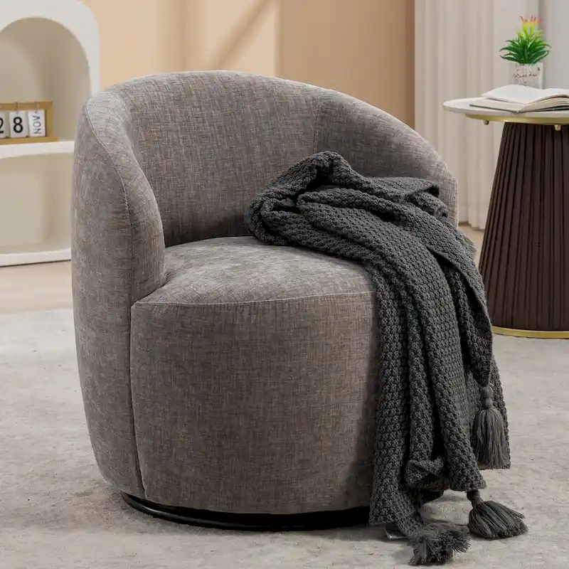 Chenille Fabric Swivel Accent Armchair Barrel Chair With Black Powder Coating Metal Ring