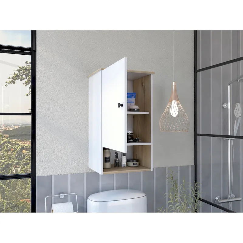 Medicine Cabinet , Two Internal Shelves, Light Oak / White Finish