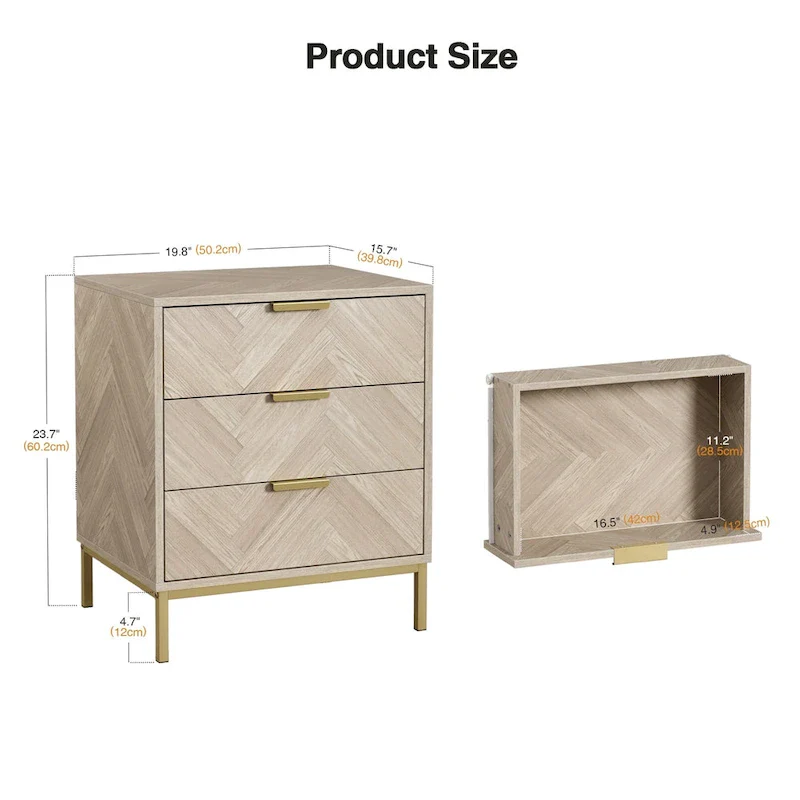 Modern 3 Drawer Wood Grain Nightstand Bedside Table with Storage for Bedroom Living Room