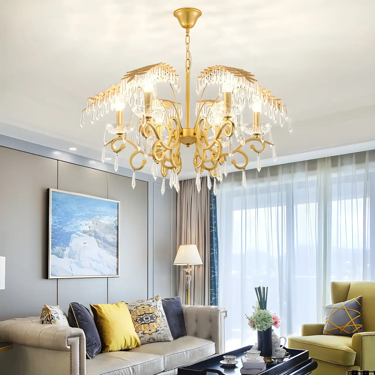 Luxurious Golden Leaf Curved Chandelier with Crystal