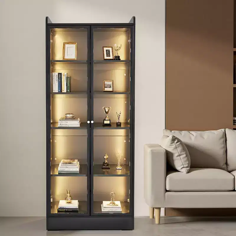 VEVOR Display Cabinet with Doors, 67 in Tall Lighted Display Case with 2 Adjustable Shelves, 5-Tier Curio Collectibles Storage Cabinet, Black