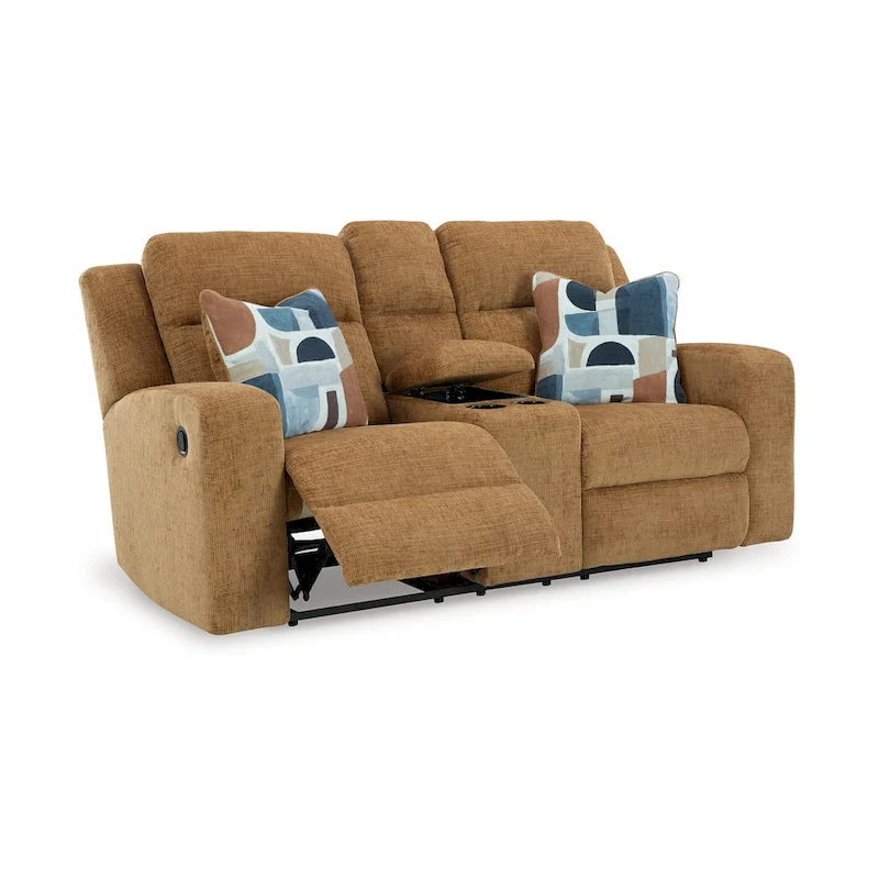 Damon Double Reclining Loveseat, Camel Brown Polyester, 2 Pillow