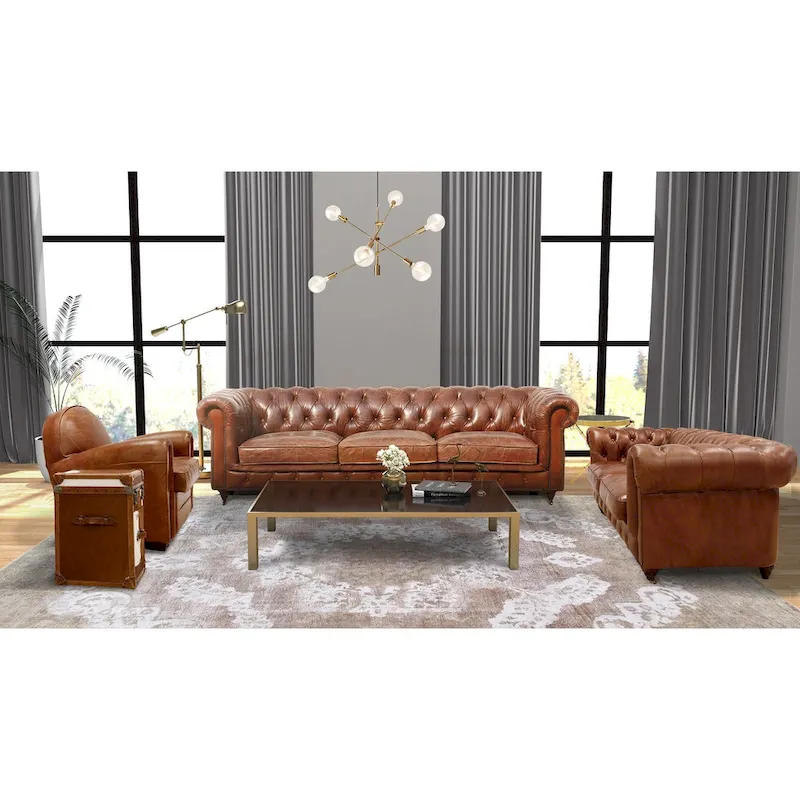 Pasargad Home Paris Club Genuine Leather Chester Bay Tufted Sofa/Chair