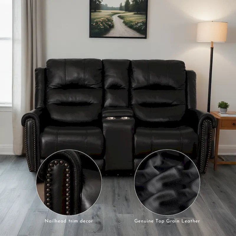 Genuine Leather Black Power Recliner Sofa, Loveseat, Recliner With Adjustable Headrest and Extendable Footrest