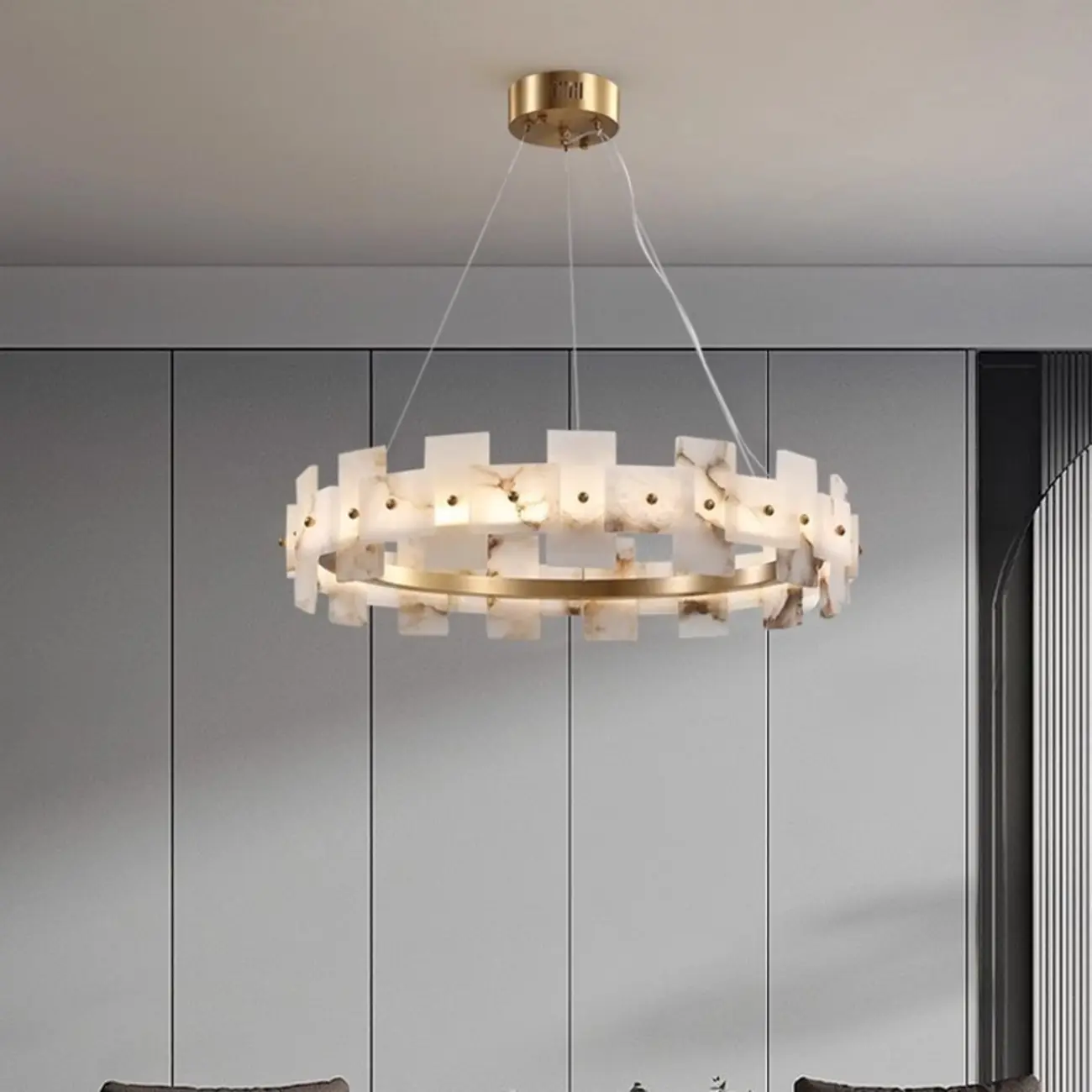 Geometric Gold-White 1-Tier Stone LED Chandelier