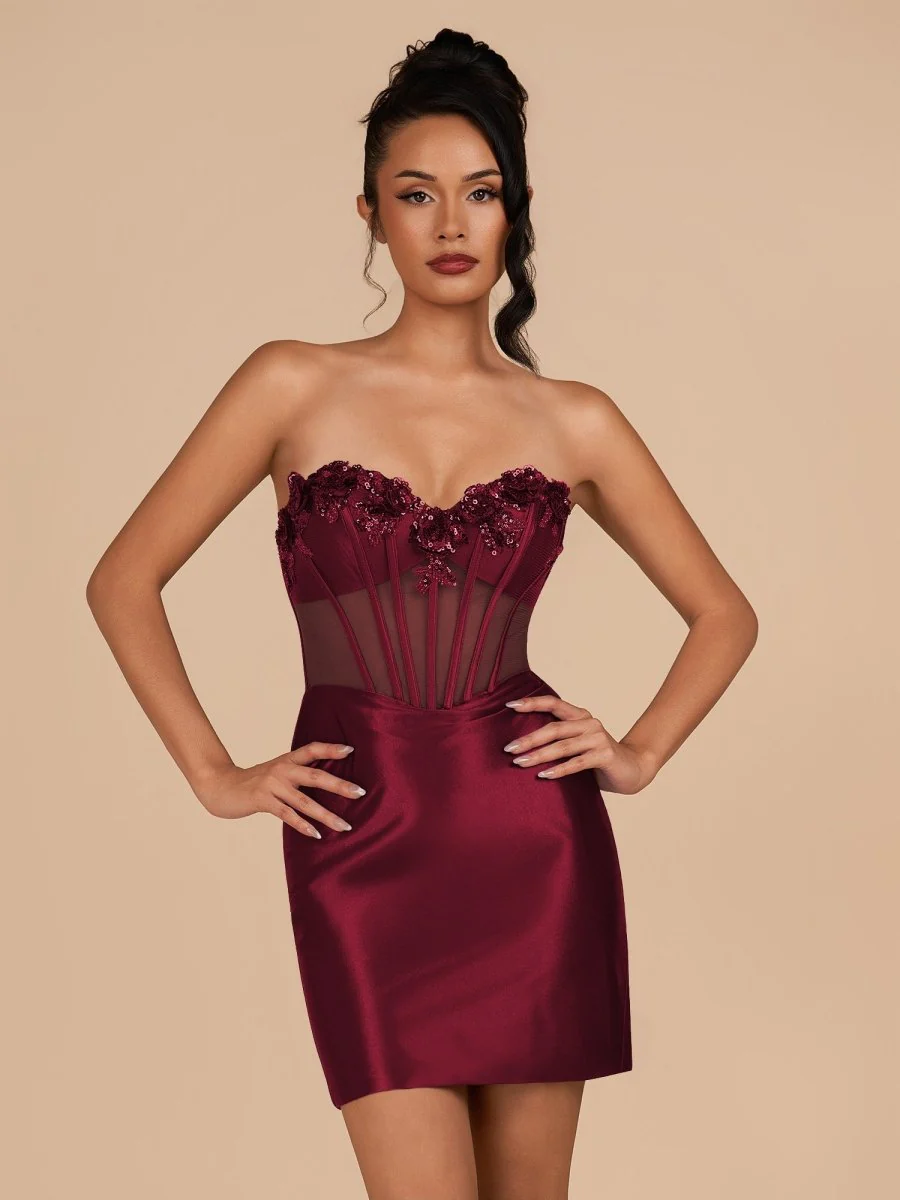 Burgundy Bodycon Satin Sweetheart Corset Homecoming Dress with Sequined Flowers
