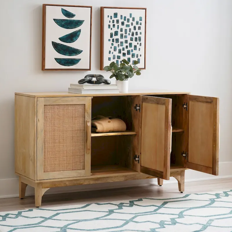Spence Natural Mango Wood Cane 3-Door Cabinet