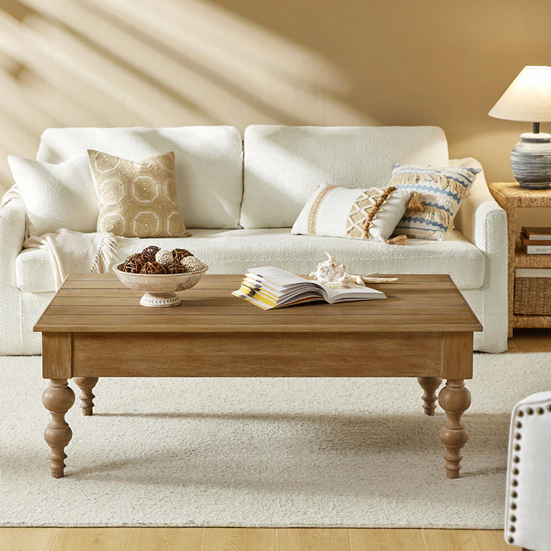 Lift-Top Coffee Table with Hidden Storage, 1 Drawer & Spindle Solid Rubberwood Legs | Acorn / Natural | Single