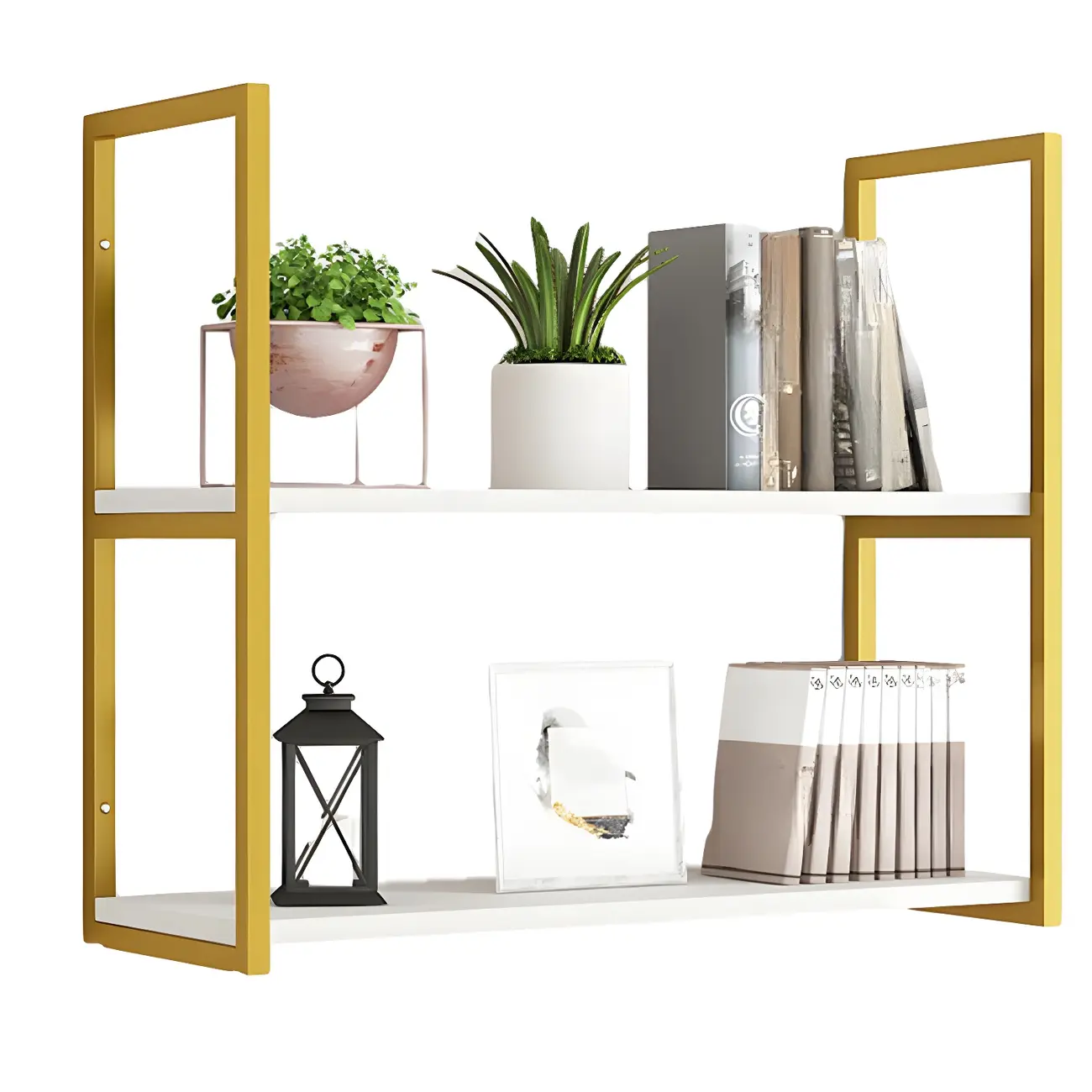 Modern Wall-Mounted Bookcase White Gold Display Shelf