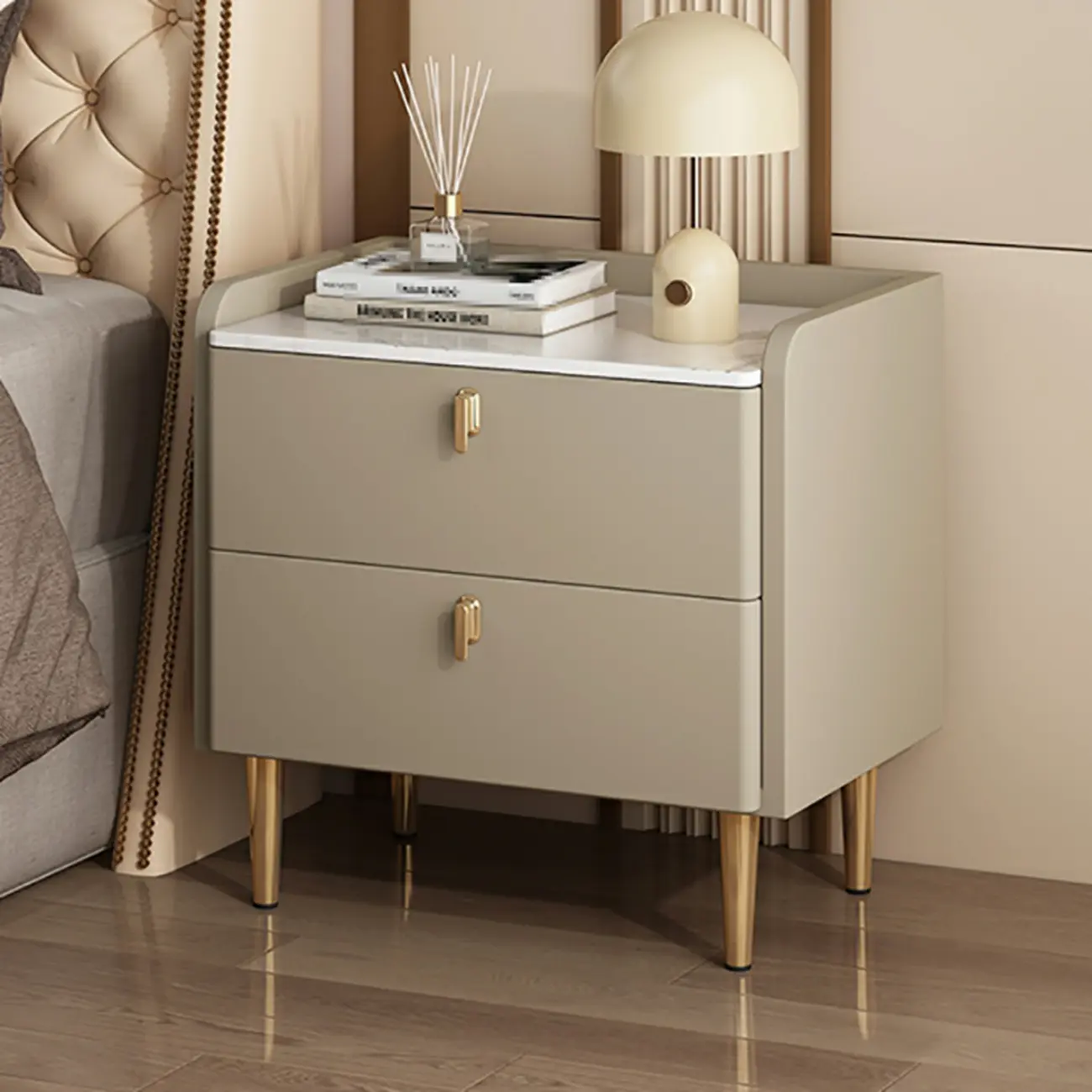 Modern Leather Stone Top Gold Accents 2-Drawer Nightstand