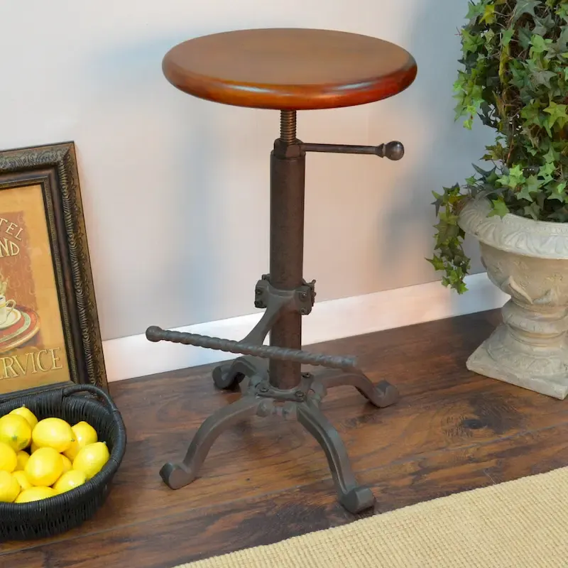 Adjustable Height Stool - Wood Seat with Cast Iron Base (Chestnut)