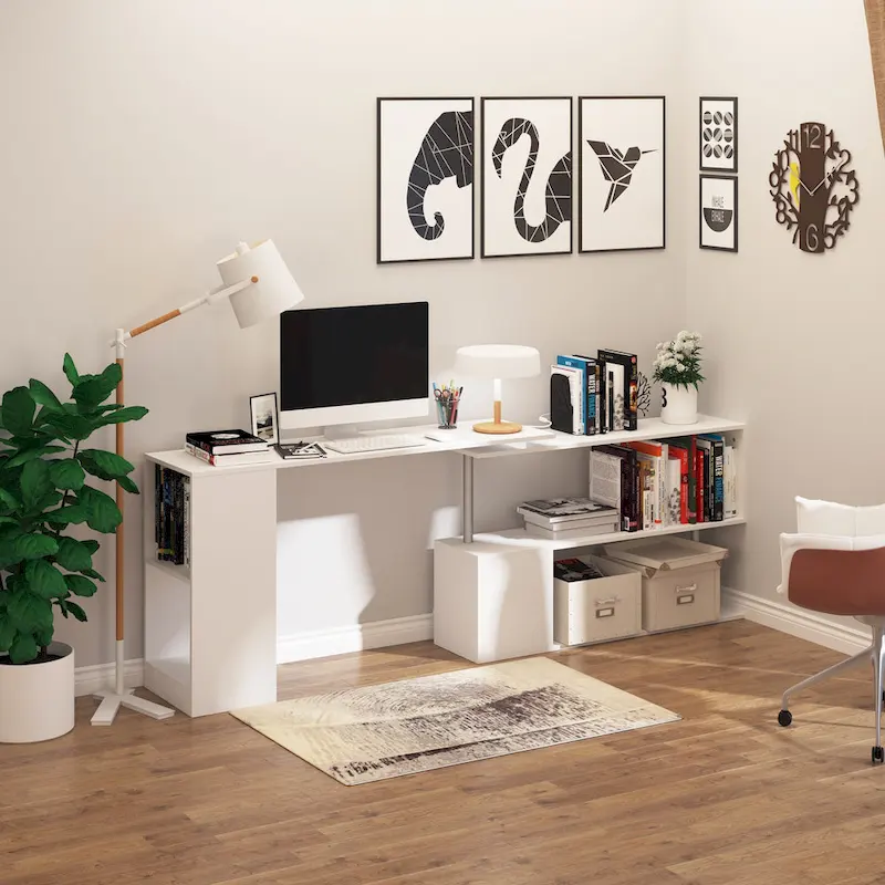 55 Rotating Corner Computer Desk: L-Shaped Workstation, Storage Shelves
