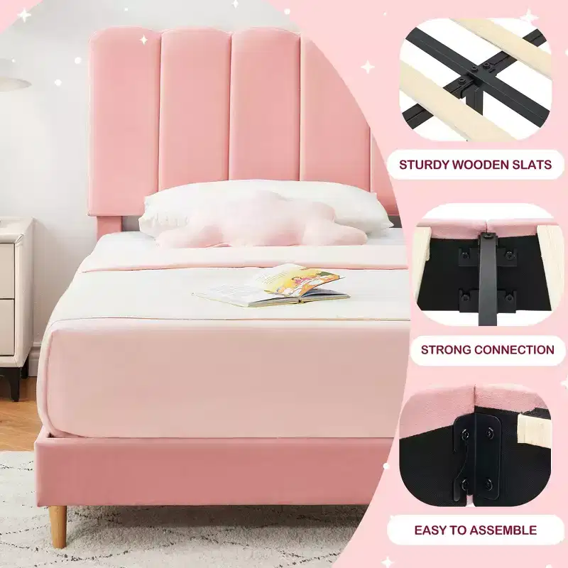 SunnyFurn Upholstered Soft Headboard Platform Bed Frame  Princess Design, Sturdy Wood Slats, Noise-Free, No Box Season Needed, Easy Assembly