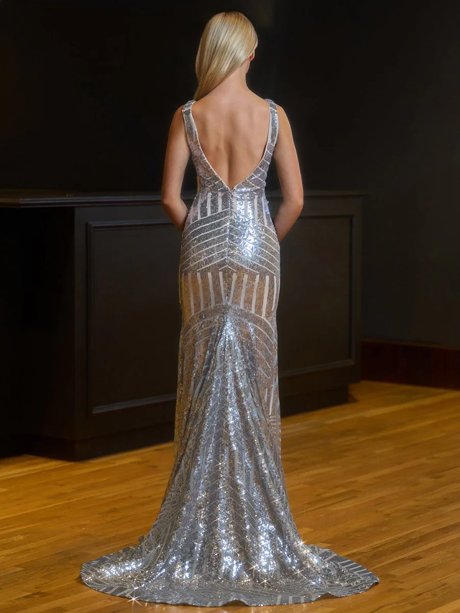 Red Mermaid Deep V Neck Sequins Prom Dress